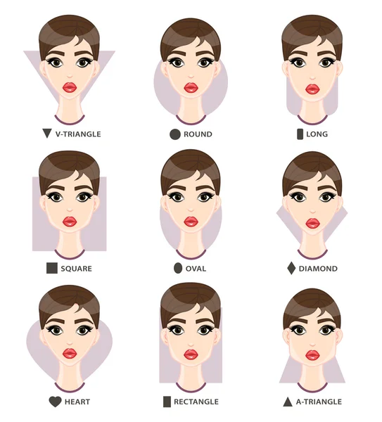 Ensemble de différentes formes de visage de femme. Neuf visages féminins forment — Image vectorielle