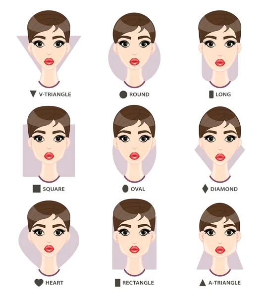Conjunto de formas de rosto de mulher diferente. Nove faces femininas formam Vetores De Stock Royalty-Free