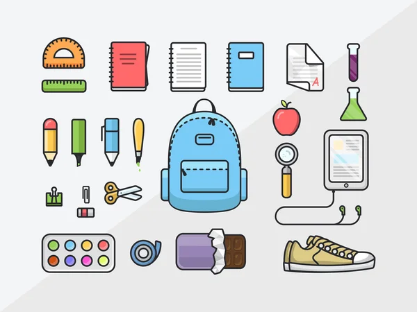 Conjunto de ícones de materiais escolares, ilustração do esboço da escola, modelo de design plano do kit educacional Vetor De Stock