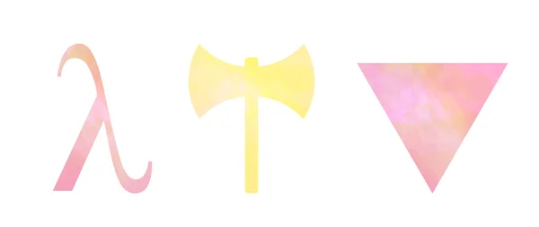 LGBT lesbische bewegingen trots symbolen set: roze driehoek, labrys, lambda, abstract aquarel geschilderd pastel gekleurde vector imitatie tekenen — Stockvector