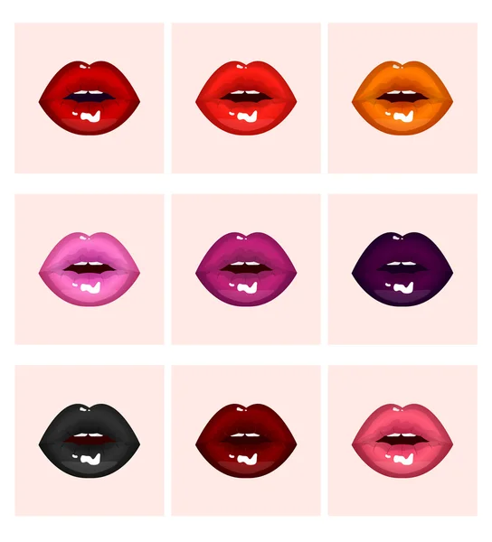 Set de labios de la pasión de colores sexy, lápiz labial brillante: rosa y naranja, negro y púrpura, rojo y violeta — Archivo Imágenes Vectoriales