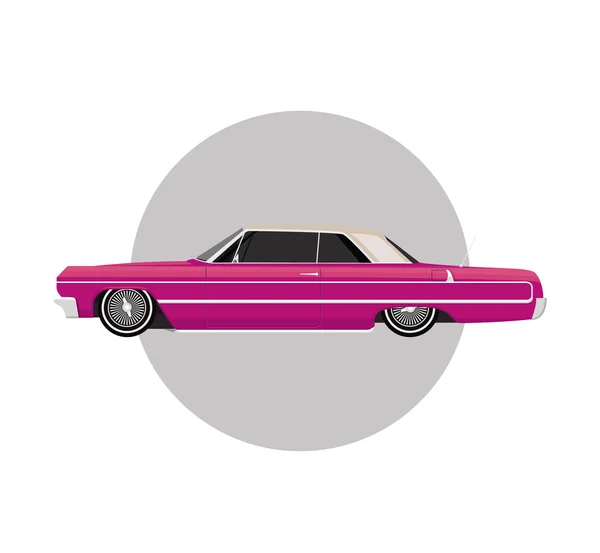 Lowrider rosa no fundo redondo cinza, carro retro vintage, ilustração vetorial plana Vetor De Stock