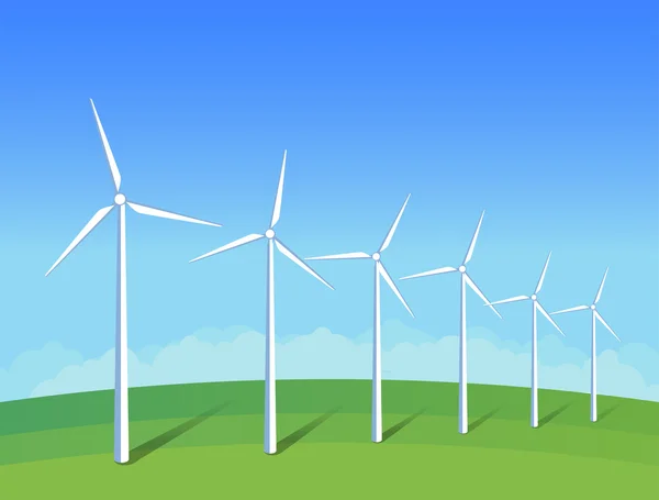 Moinhos de vento elétricos no campo de grama verde no fundo céu azul. Ecologia ilustração ambiental para apresentações, sites, infográficos. Arte vetorial plana Vetores De Stock Royalty-Free