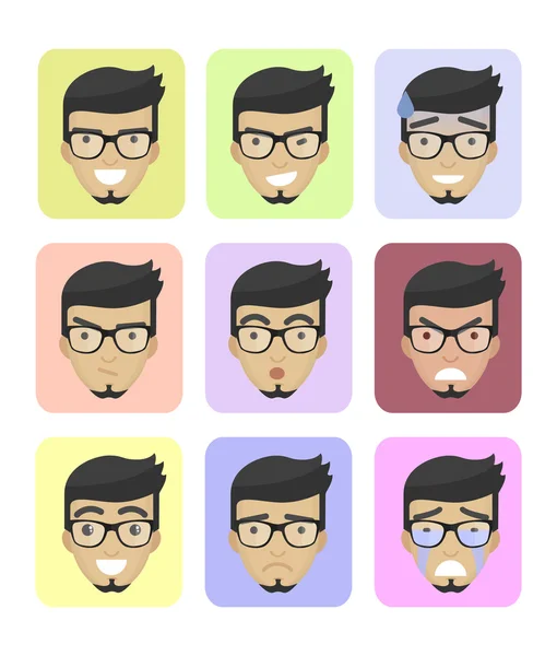 Definir negócios diferentes rostos emoções, imagens de perfil ícones planos, personagens avatares. Barba na moda e óculos . Gráficos De Vetores