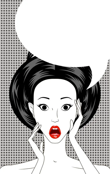 Speech bolha pop arte surpreendido mulher rosto com boca aberta, fundo padrão, ilustração vetorial Ilustração De Stock