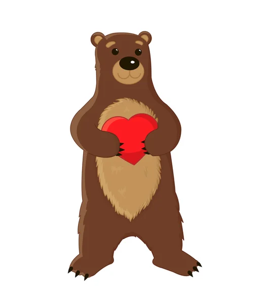 可爱的大棕熊站在它的后腿上腿并保持心，爱卡模板，动物园吉祥物。写意画的插图 — 图库矢量图片