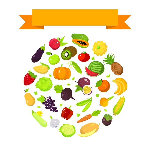 Frutas e legumes em forma redonda com um espaço para texto e fita, modelo de banner de colheita, ilustração plana vetorial Gráficos De Vetores