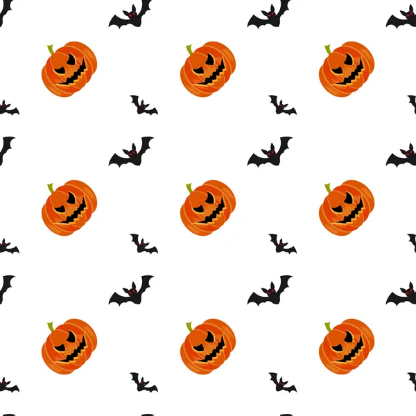 Símbolos de Halloween abóbora e morcegos sem costura padrão no fundo branco, ilustração estilo moderno plana. Bonito divertido mal sorrindo abóboras de outubro, jack-o '-lanterna sinal —  Vetores de Stock