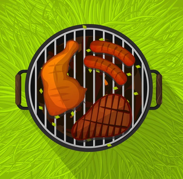 Summer BBQ with chicken legs, sausage and beef steak grilling, flat design — Stock Vector