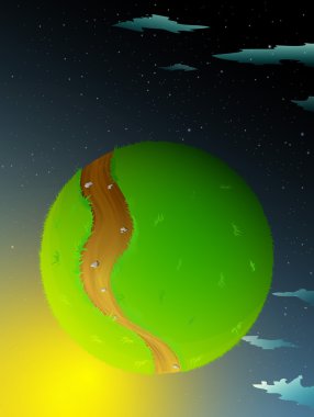 Yeşil dünya, yıldızlar arasında uzayda çim kaplı