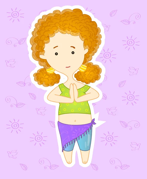 Cute curly red haired yogi girl in greeting pose — Stock Vector