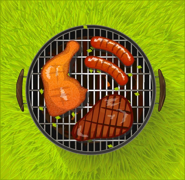 Letní grilování s kuřecích stehen, klobásou a grilování hovězí steak — Stockový vektor