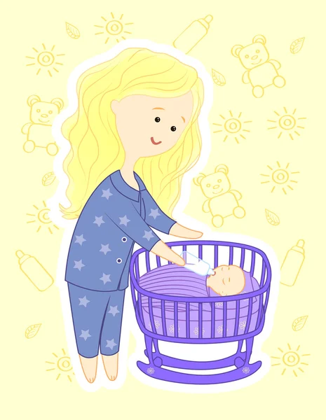 Mommy and baby in bed — Stock Vector