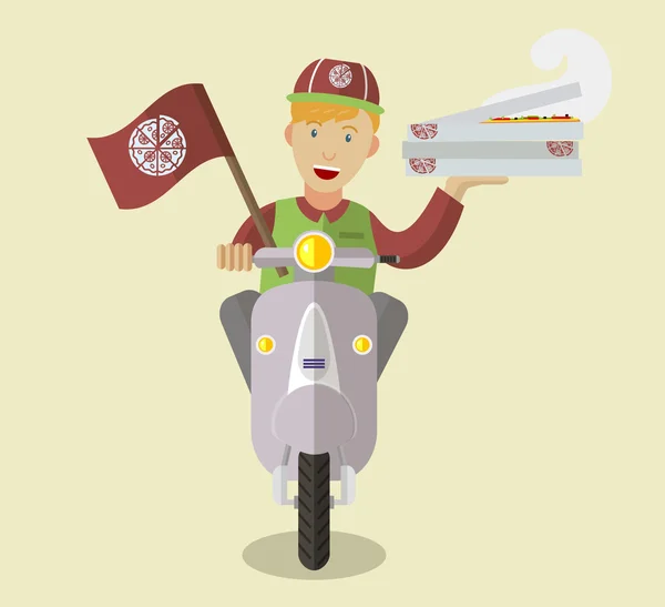 Platte voedsel-deliveryboy op een scooter met dozen van pizza — Stockvector