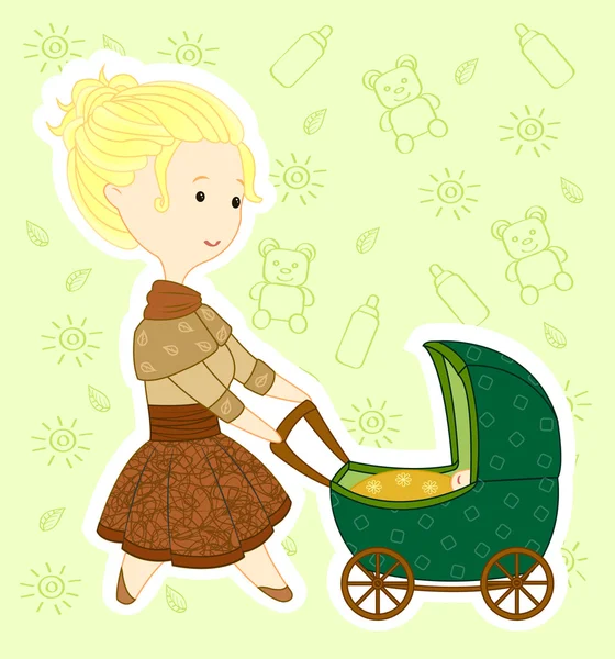 Mother and baby in the stroller — Stock Vector