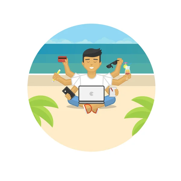 Plochý obrázek meditující OSVČ pracuje na pláži — Stockový vektor