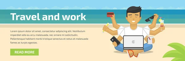 Encabezado del sitio web ilustración plana de la meditación freelancer trabajando en la playa — Archivo Imágenes Vectoriales