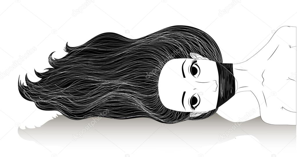 Girl with long black hair and a sealed her mouth