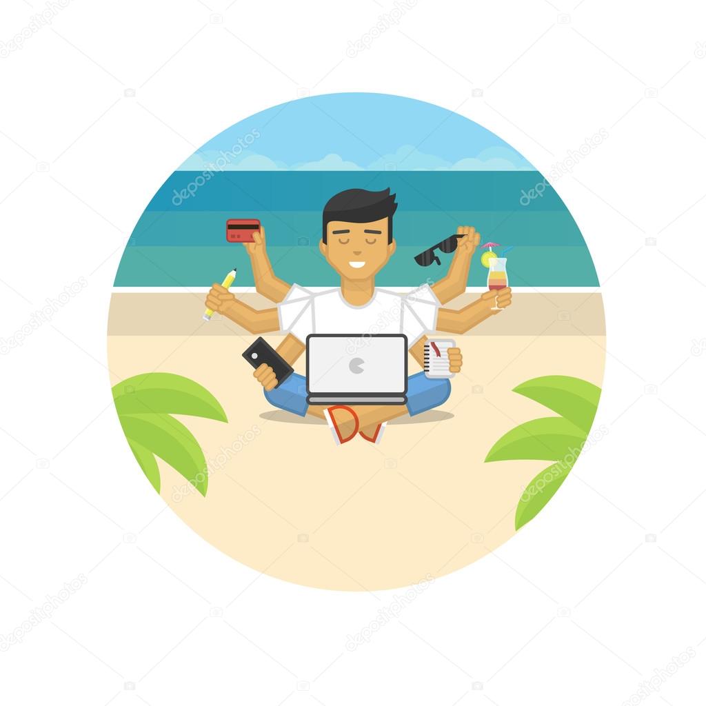 Flat illustration of meditating freelancer working on beach