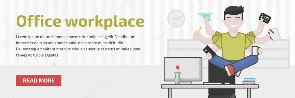 Website header flat illustration of meditating multitasking office worker