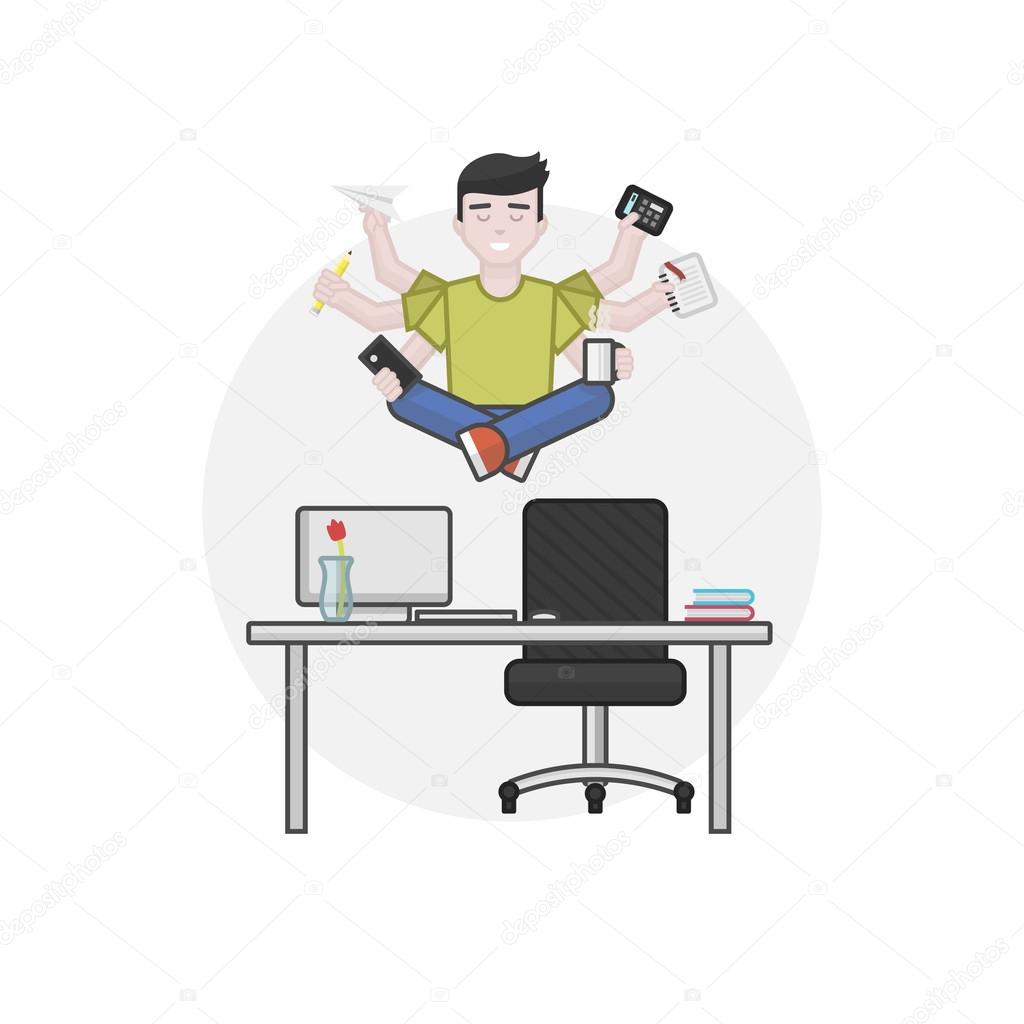 Flat illustration of meditating multitasking office worker