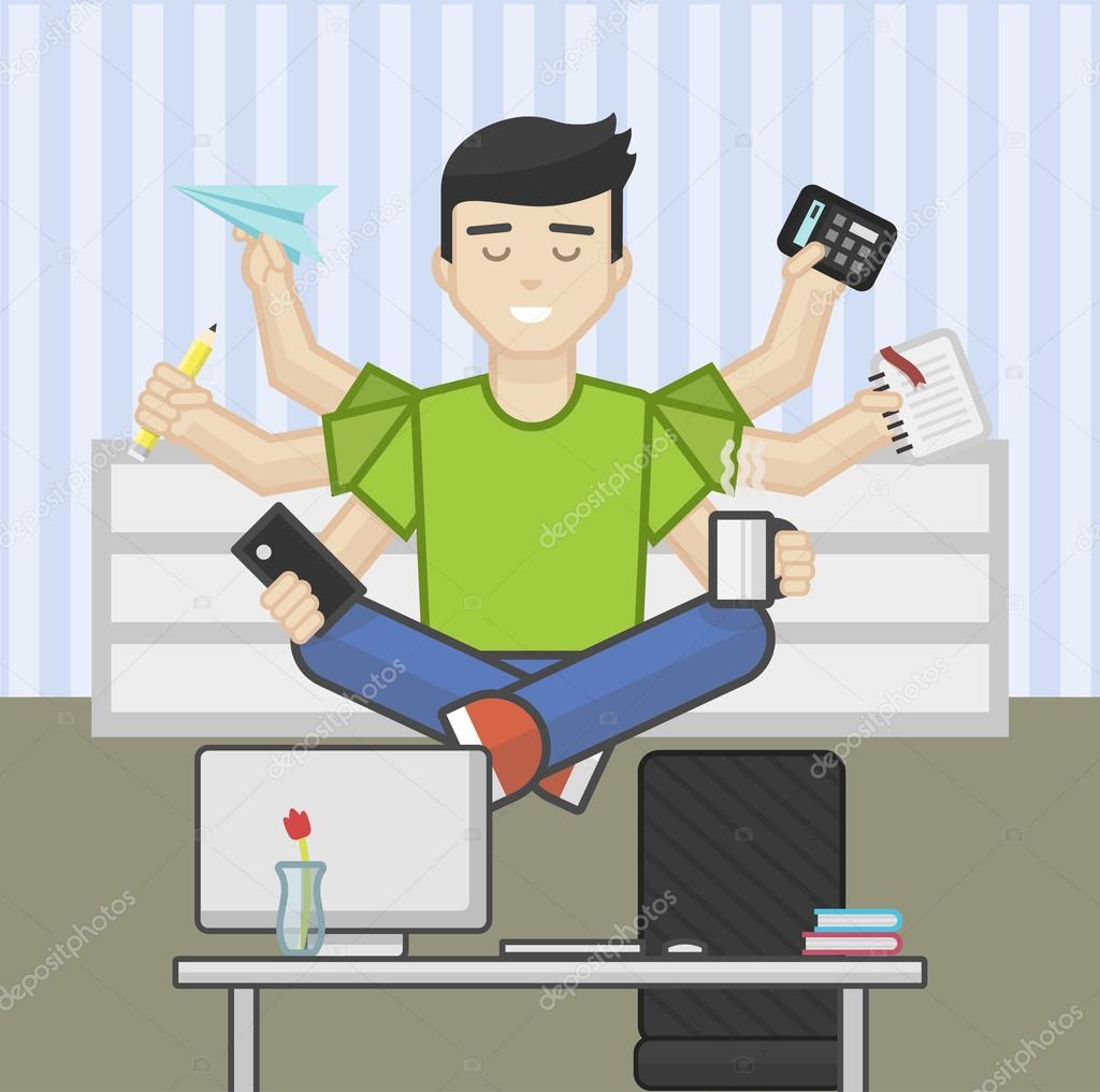 Website header flat illustration of meditating multitasking worker