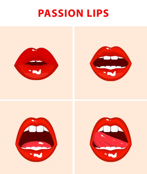 Sada 4 sexy otevřených úst, červené erotické svůdné rty — Stockový vektor