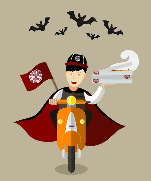 Halloween vampier voedsel-deliveryboy op scooter met dozen van pizza — Stockvector
