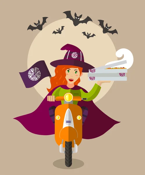 Halloween wizard makanan-gadis pengantar pada skuter dengan kotak pizza - Stok Vektor