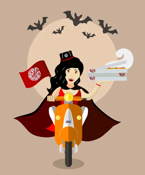 Halloween upír potravin deliverygirl na koloběžce s krabice pizzy — Stockový vektor
