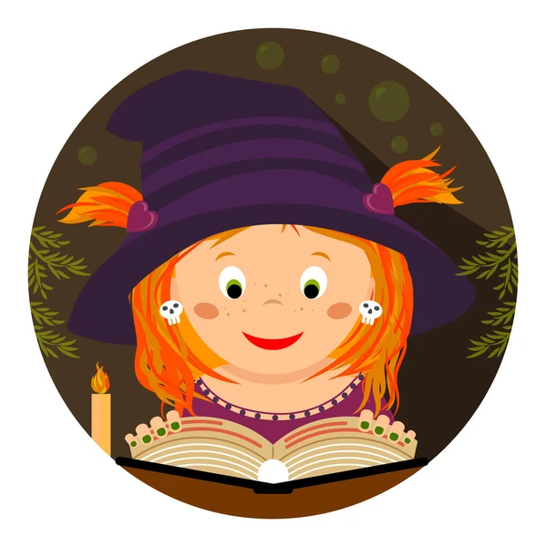 Ilustración Halloween. Lindo whitch-girl leyendo un libro de hechizos — Vector de stock