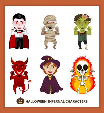 Set of 6 infernal characters for the holiday of Halloween: vampire, mummy, zombie, demon, wizard, skeleton. Flat style, white background clipart