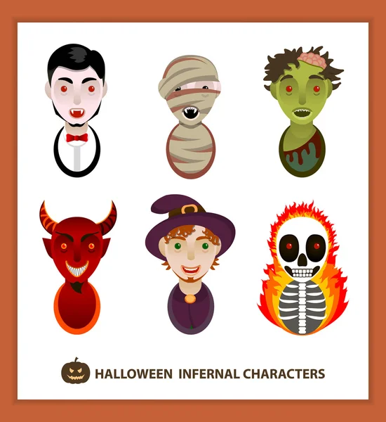 Set of 6 infernal characters for the holiday of Halloween: vampire, mummy, zombie, demon, wizard, skeleton. Flat style, white background — Stock Vector