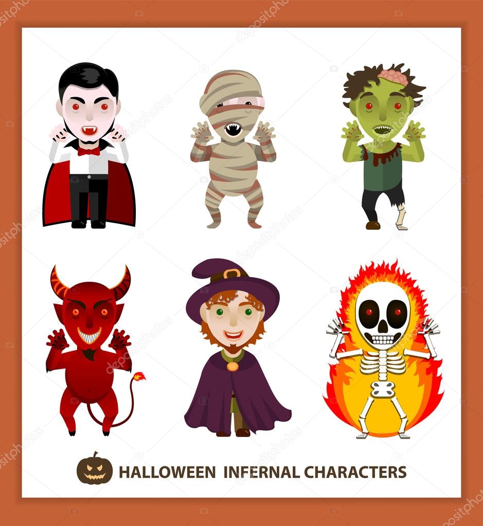 Set of 6 infernal characters for the holiday of Halloween: vampire, mummy, zombie, demon, wizard, skeleton. Flat style, white background