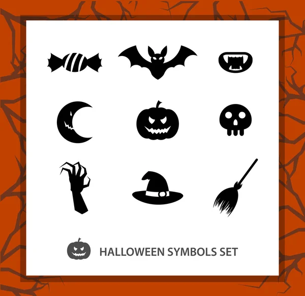 Conjunto de símbolos de Halloween: 9 silhuetas monocromáticas simbolizando a Noite dos Mendigos. Fundo com um galhos de árvores —  Vetores de Stock