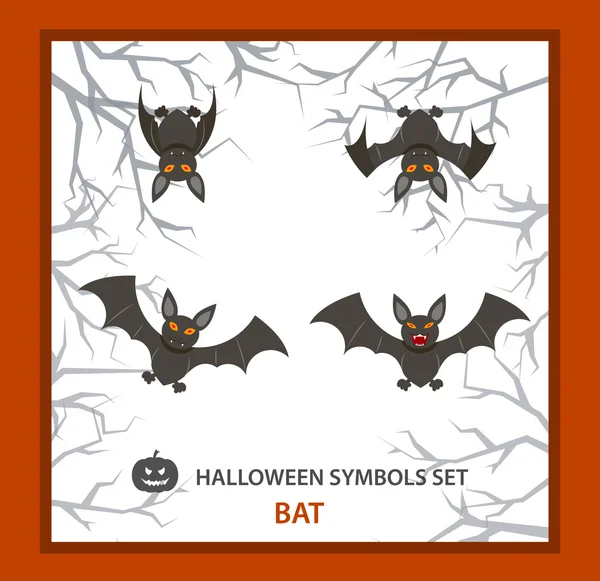 Conjunto de símbolos de Halloween: 4 morcegos, fases de voo, plano. Fundo com um galhos de árvores —  Vetores de Stock