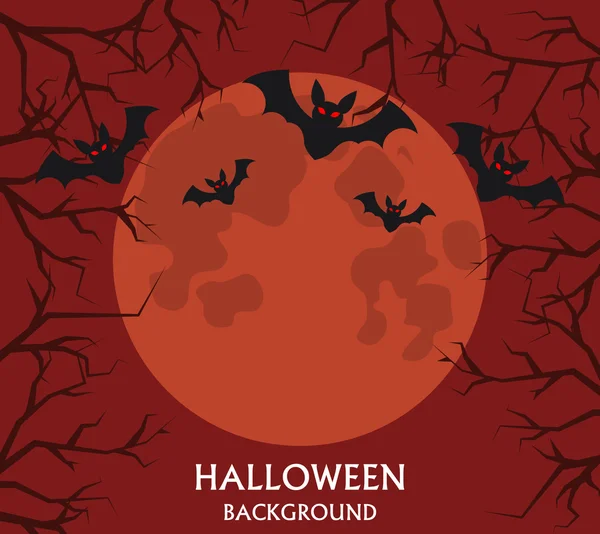 ハロウィン背景赤の背景に飛んでいるコウモリ満月の夜 — ストックベクタ