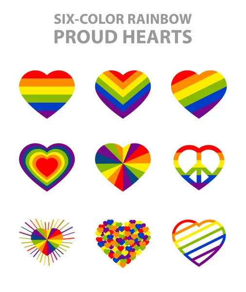 Seis cores arco-íris símbolos LGBT, Orgulho, liberdade coração definido — Vetor de Stock