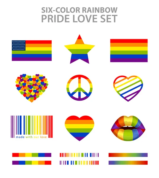 Simbol LGBT pelangi enam warna: bendera, hati, perdamaian, bintang, bibir - Stok Vektor