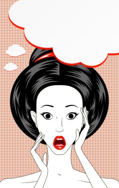 Konuşma balonu pop art kadın yüzü, açık ağız, sürpriz vektör