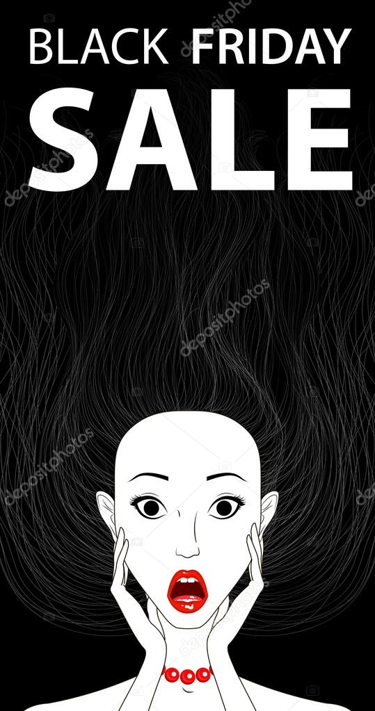 Black friday sale conceptual banner surprised girl, open mouth