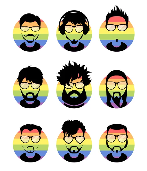 Definir avatares perfil ícones planos, personagens diferentes. Fundo da bandeira LGBT —  Vetores de Stock