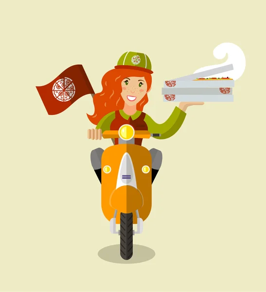 Voedsel-deliverygirl op een scooter met dozen van pizza, plat — Stockvector