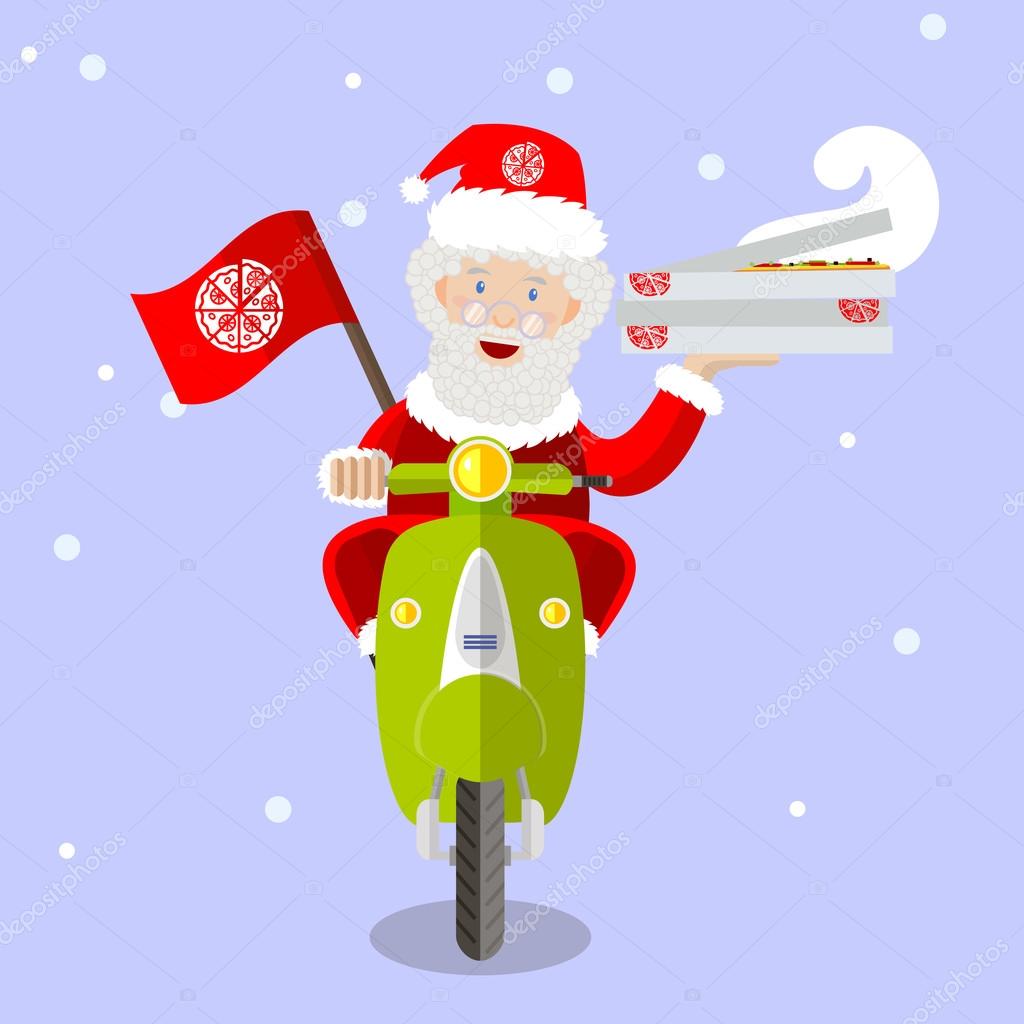 Uomo che consegna pizze Babbo Natale sul motorino — Vettoriale Stock