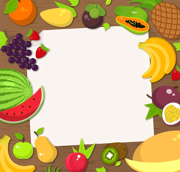 Frutta fresca cornice sfondo. Carta, invito, cartello, banner, piatto — Vettoriale Stock