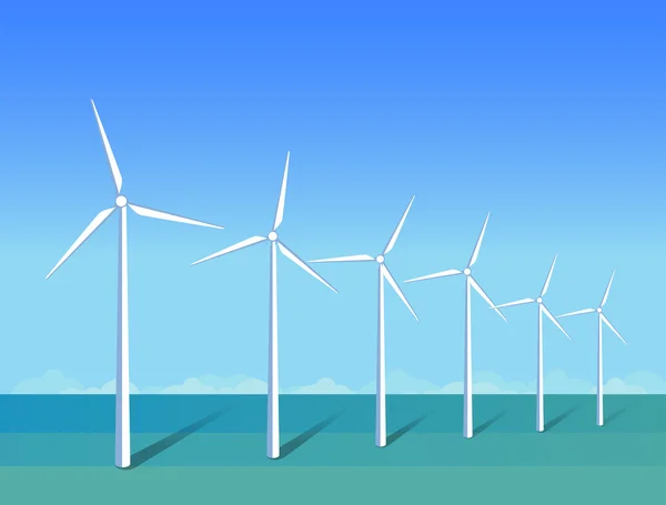 Molinos de viento en un mar sobre fondo cielo azul, plano — Vector de stock