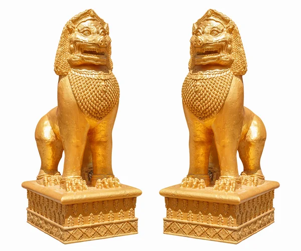 Golden lion statue Thai art style isolated on white background — Stock Photo, Image
