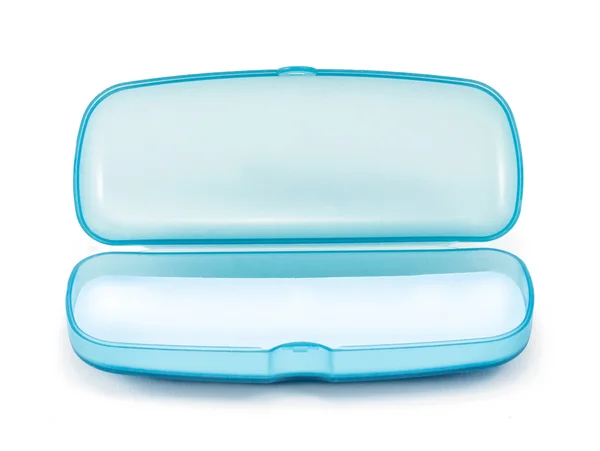 Modré plastové brýle případ izolované na bílém — Stock fotografie