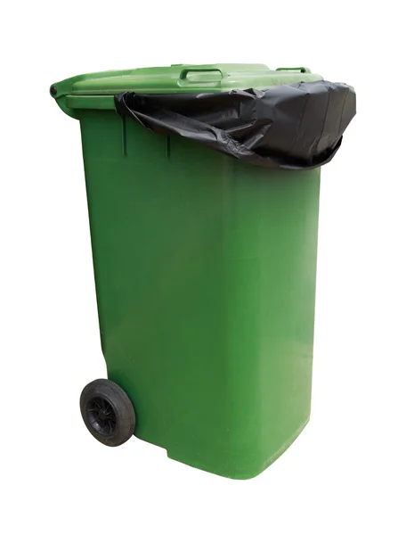 Green garbage bin isolated on white background with clipping path — Stock Photo, Image