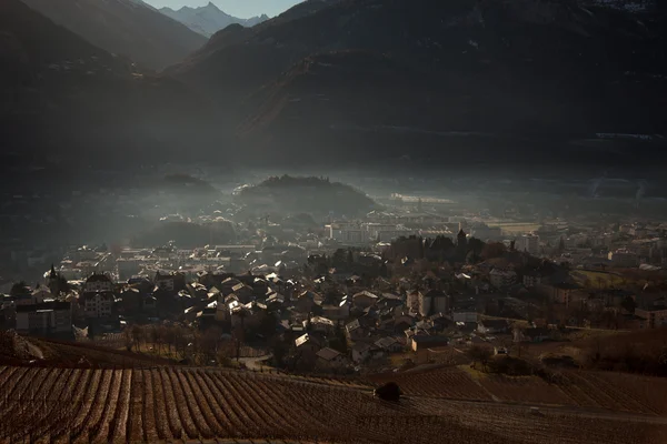 Vistas de Sierre y los Alpes desde Crans-Montana, Suiza Fotos De Stock Sin Royalties Gratis